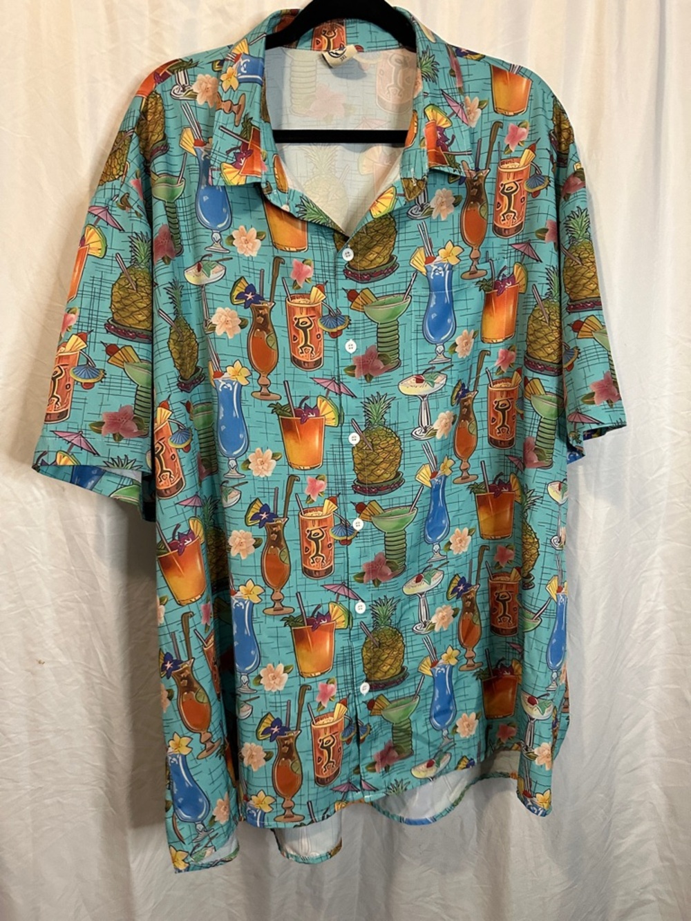 Men's Teal Tropical Cocktail Print Short-Sleeve Button-Down Shirt